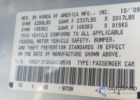 2010 Honda Accord 2.4 Lx z USA, uszkodzony, nr VIN 1HGCP2F3XAA038516
